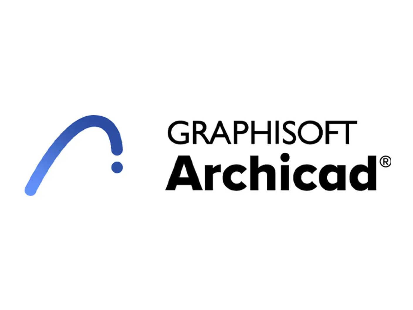 Graphisoft Archicad-logo, med en stilisert blå bue og svart tekst på en hvit bakgrunn