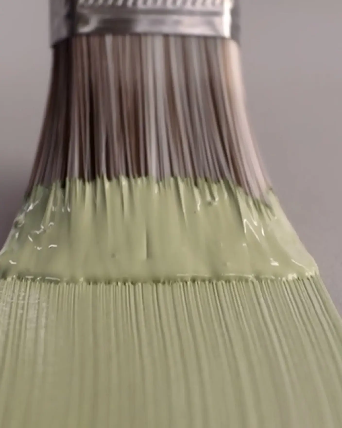 Malekost med lys grønn maling på børste, nærbilde mot grå bakgrunn