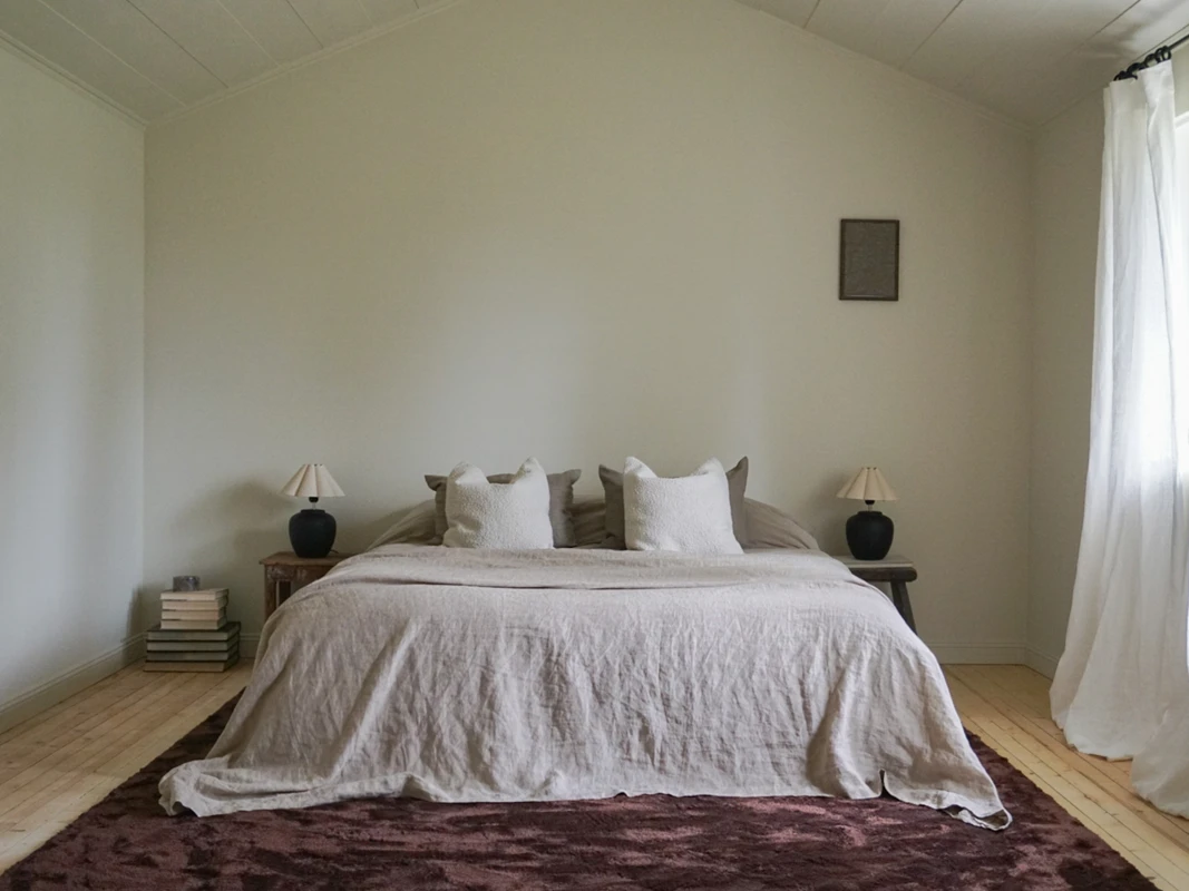 Soverom med høyt skråtak, malt i den lune hvitfargen Jotun Contemporary White, seng med sengeteppe i lin, brunt flosset gulvteppe under sengen, på pussede tregulv.