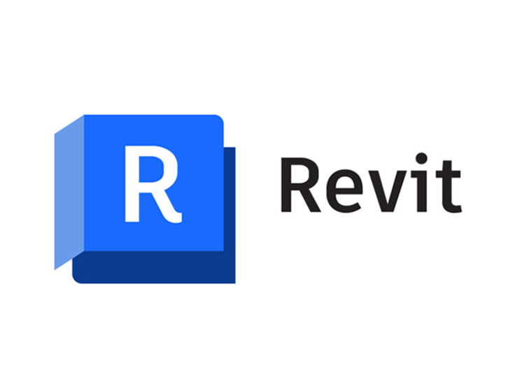 Revit-logo med en blå firkant og bokstaven "R" ved siden av ordet "Revit" i svart tekst