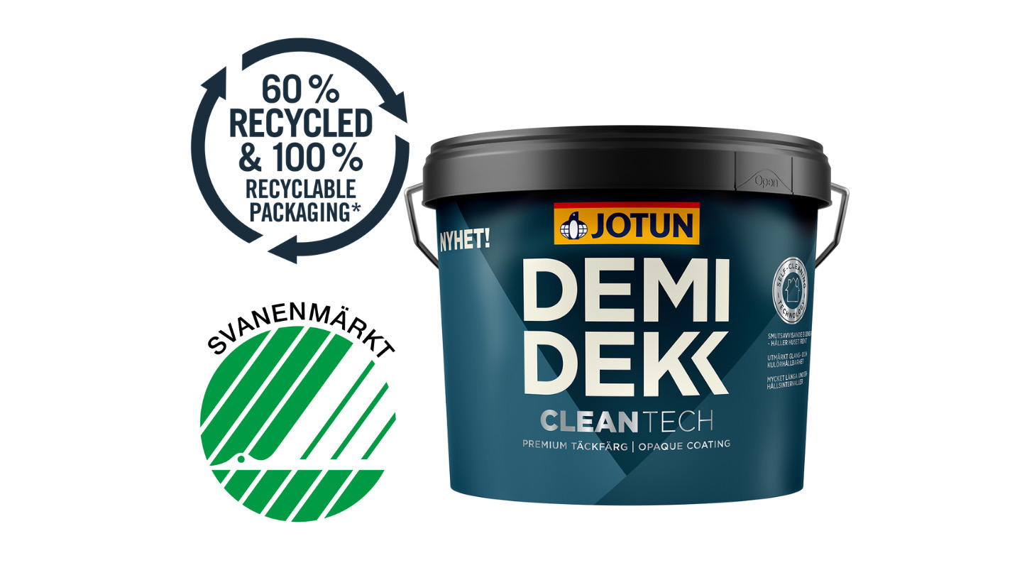 Jotun Demidekk CleanTech-burk med Svanenmärkning, 60% återvunnen och 100% återvinningsbar förpackning