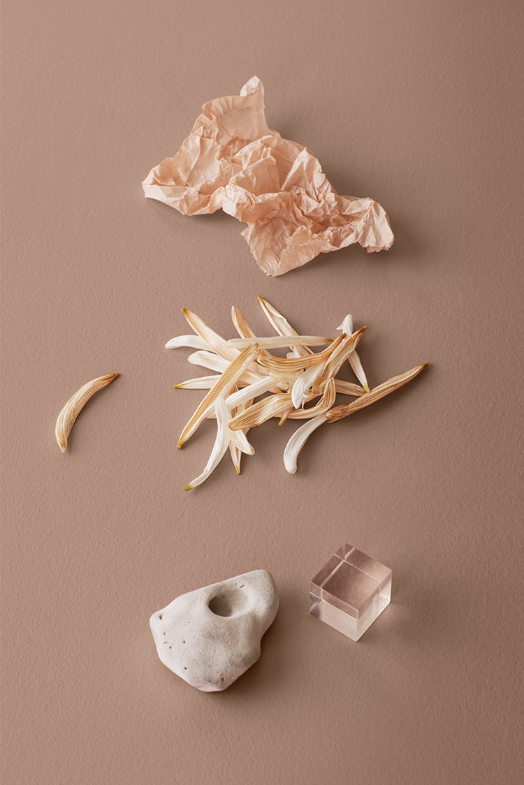 Krøllet rosa papir, tørkede blomsterblad, en teksturert hvit stein, og en gjennomsiktig kube på en lys terrakottafarget bakgrunn malt i Jotun 2011 Antique Brass