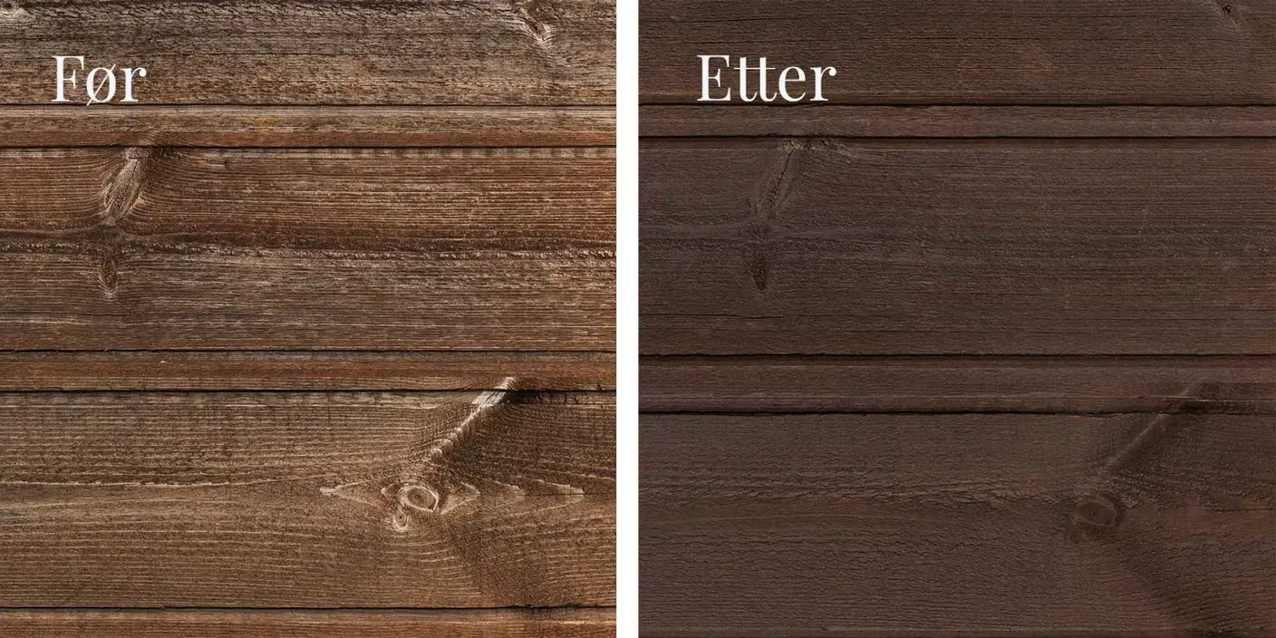 Trepanel før og etter TREBITT WoodCare vedlikeholdsolje: Venstre side viser slitt tre, høyre side viser det samme trepanelet behandlet 