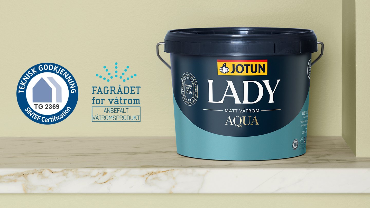 Malingbøtte fra Jotun Lady Matt Våtrom Aqua på en benk, med logoer for SINTEF-sertifisering og Fagrådet for våtroms anbefaling